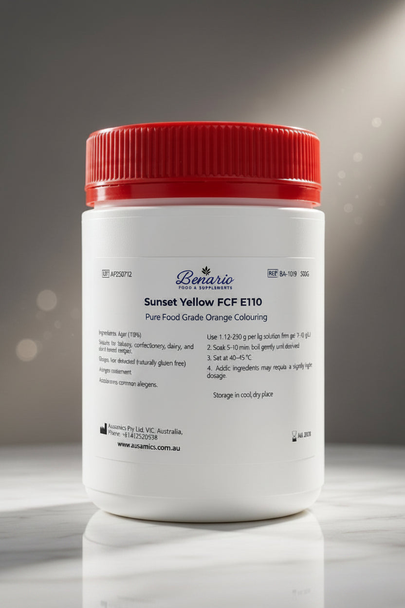 Sunset Yellow FCF E110 in a white jar with a red lid, benario packaging