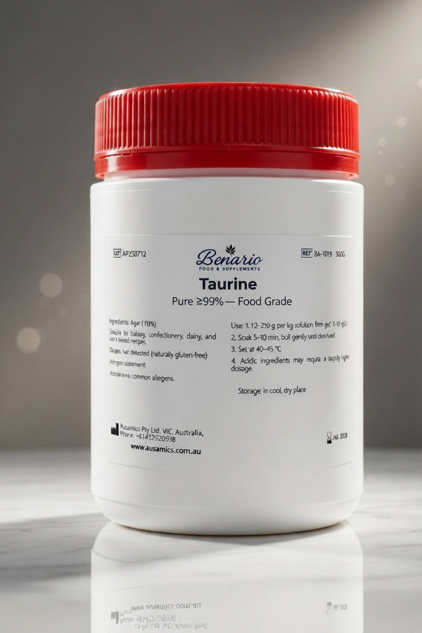 Taurine in a white jar with a red lid, benario packaging