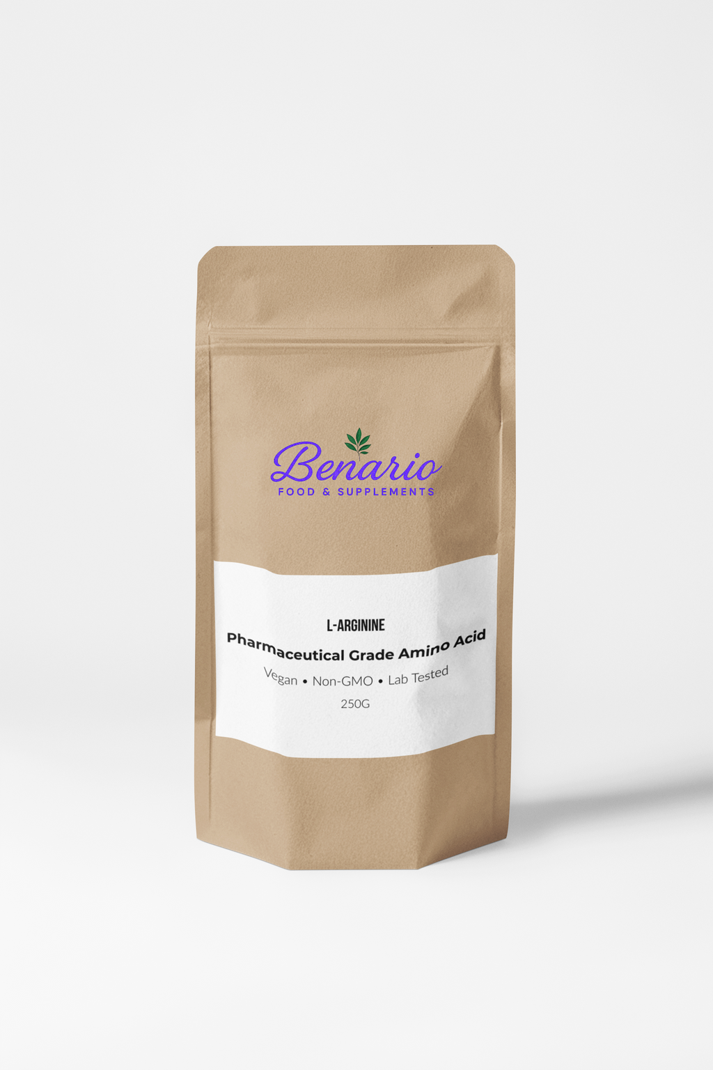 Benario L-Arginine powder, pharma-grade, 250 g stand-up pouch with white label