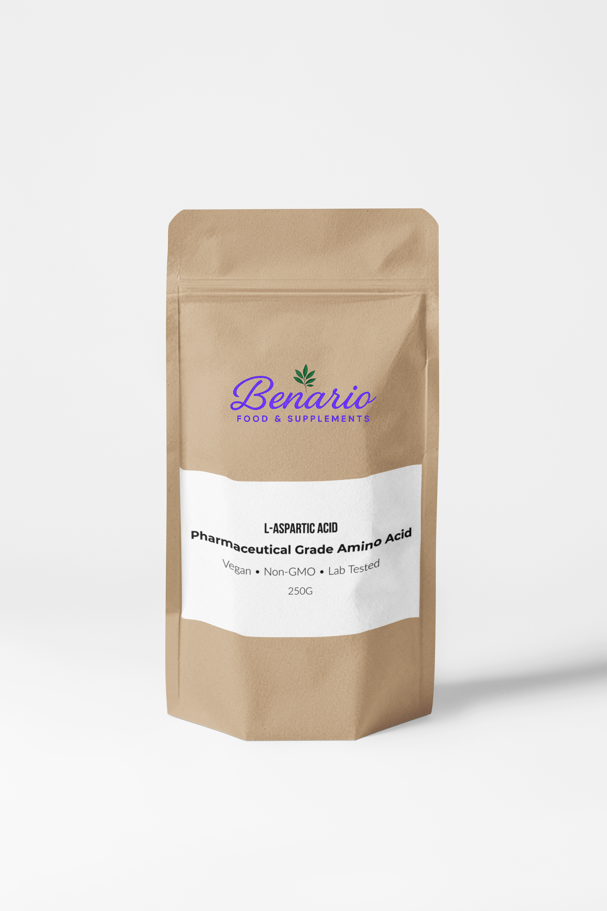 Benario L-Aspartic Acid powder, pharma-grade, 250 g stand-up pouch with white label