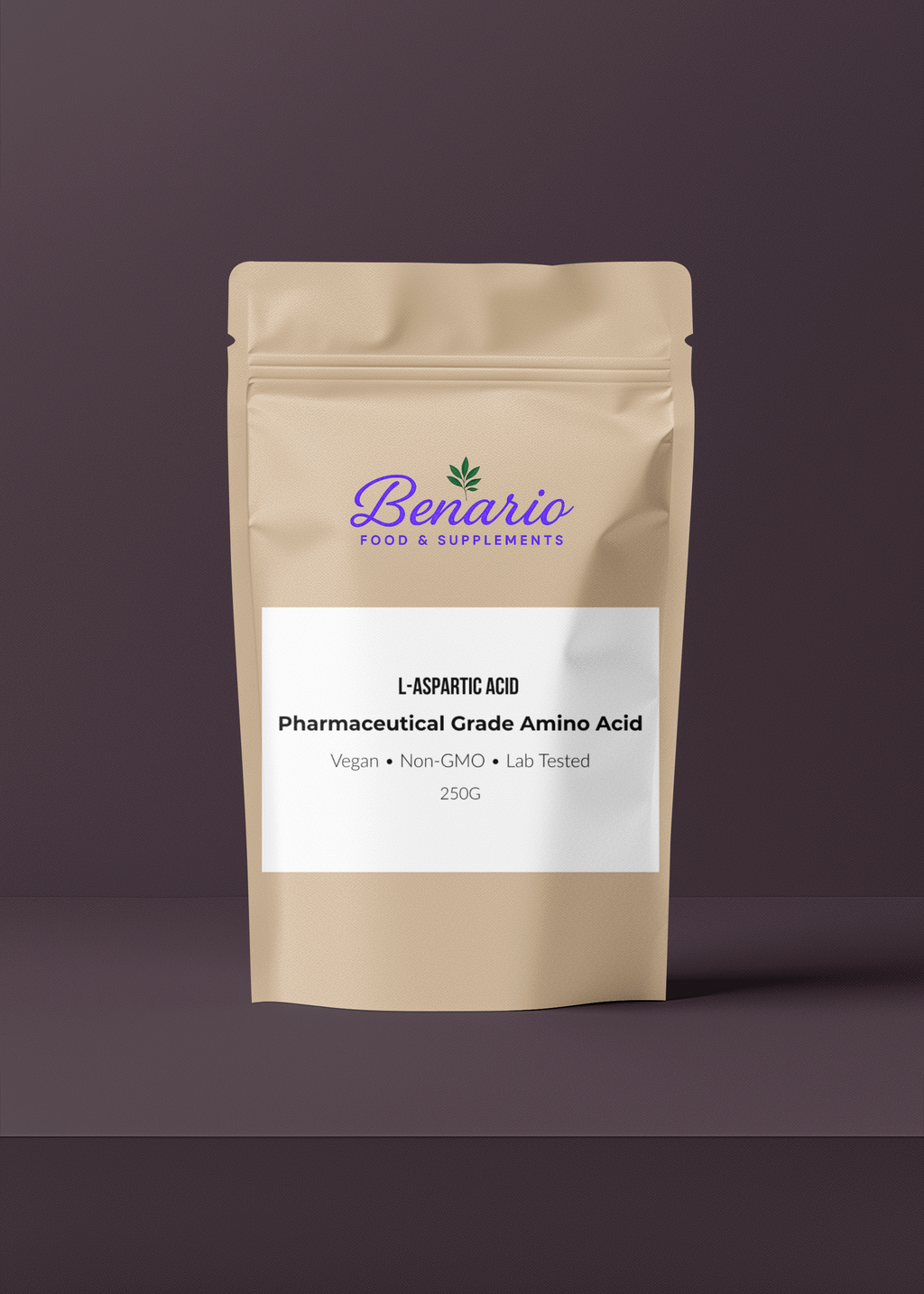 Benario L-Aspartic Acid powder, pharma-grade, 250 g stand-up pouch with white label