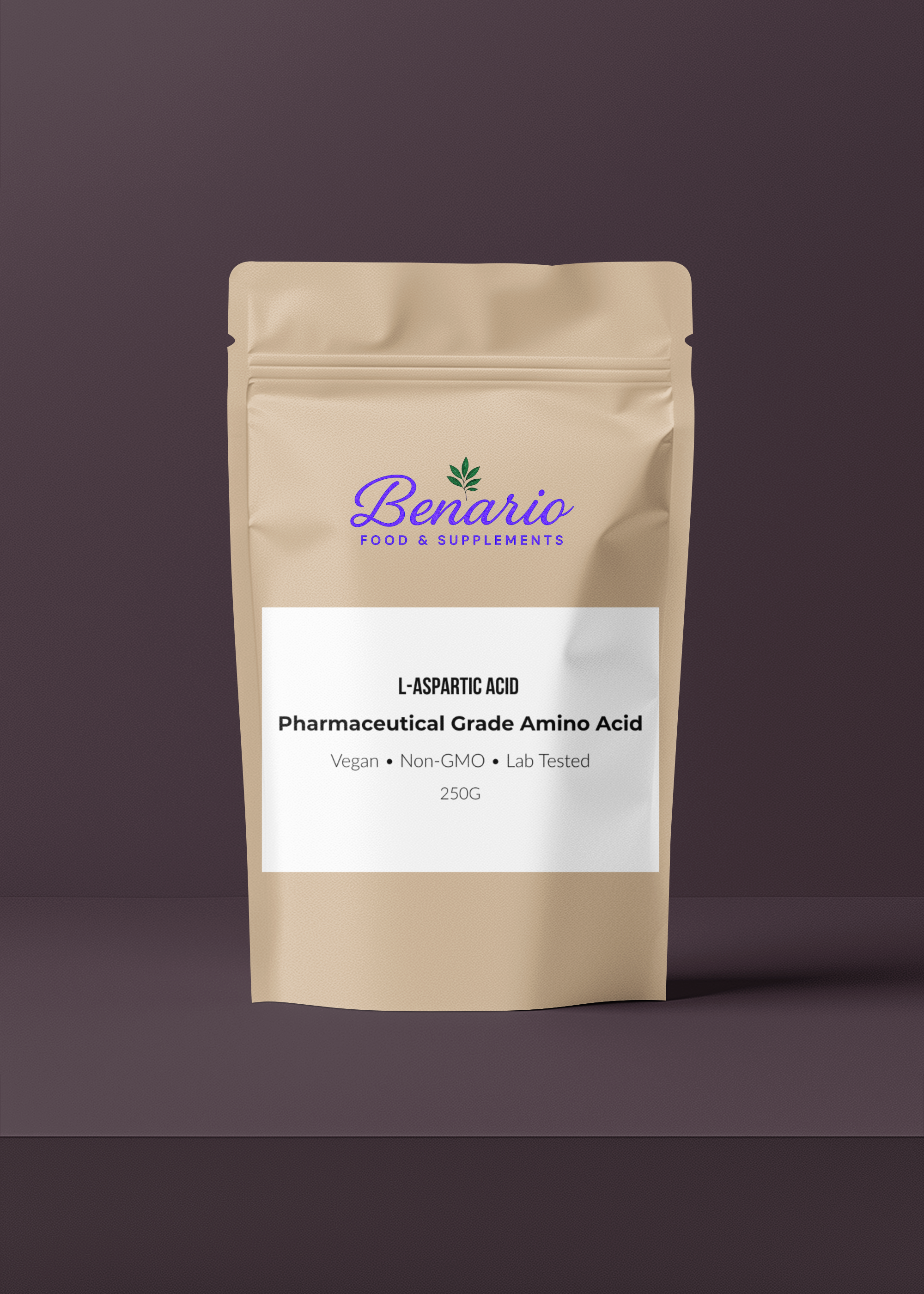 Benario L-Aspartic Acid powder, pharma-grade, 250 g stand-up pouch with white label