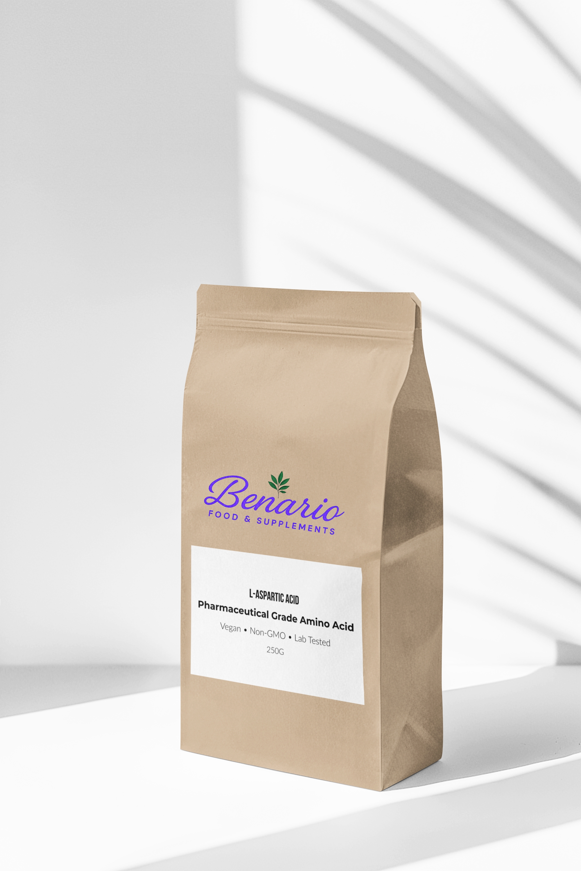 Benario L-Aspartic Acid powder, pharma-grade, 250 g stand-up pouch with white label