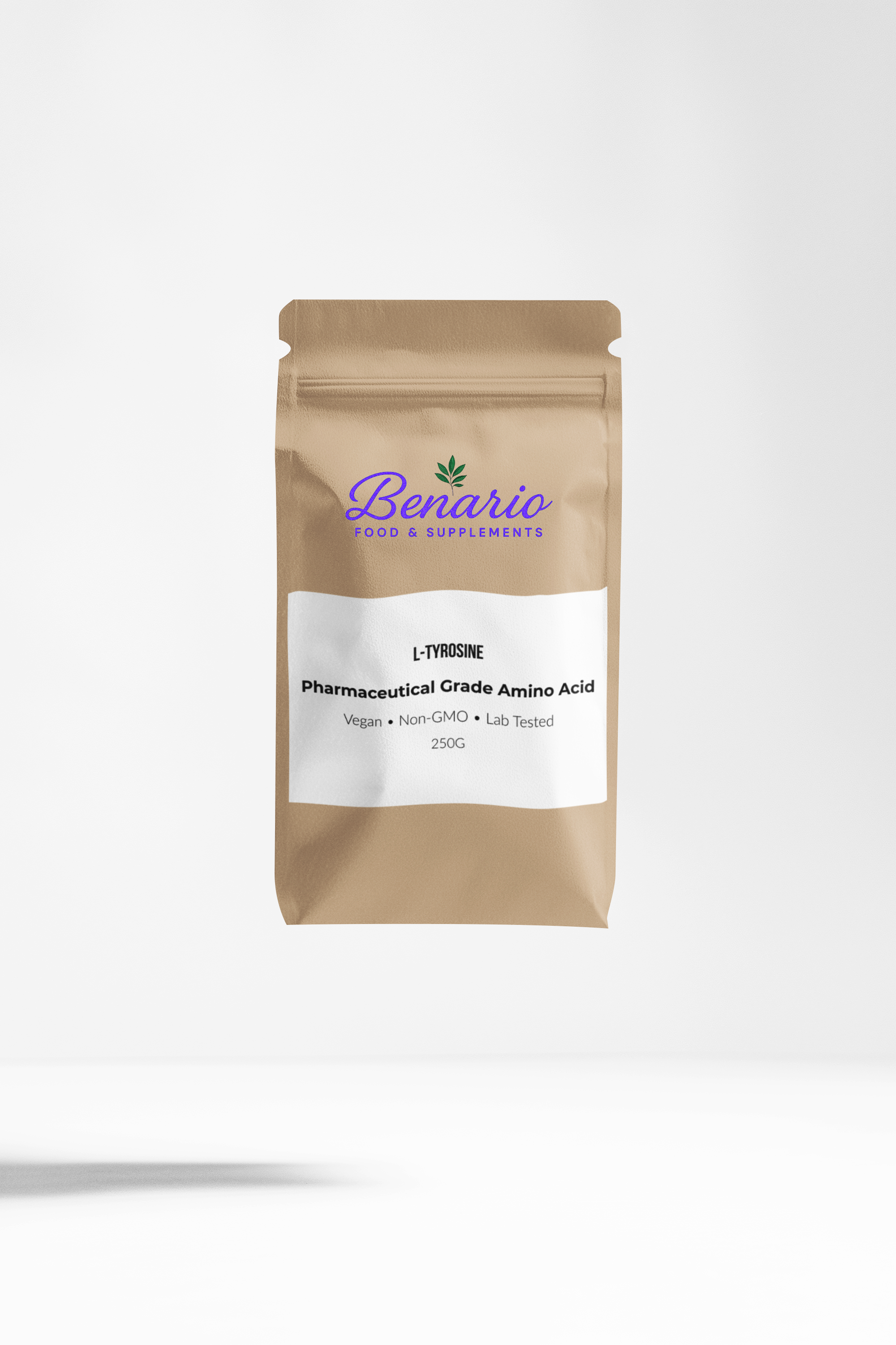Benario L-Tyrosine powder, pharma-grade, 250 g stand-up pouch with white label