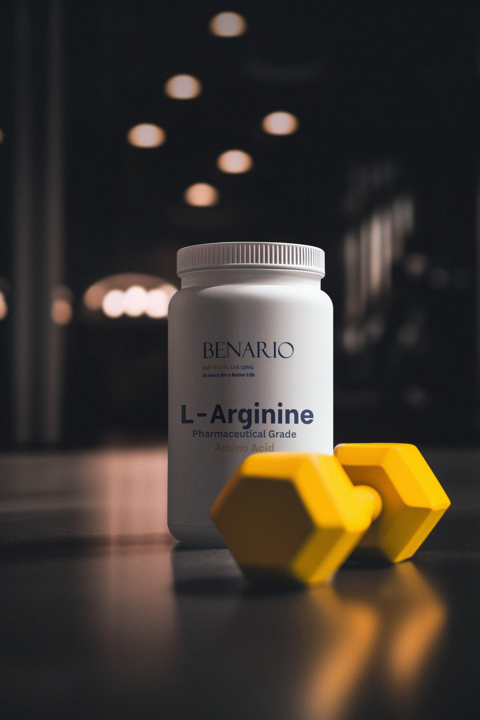Benario L-Arginine supplement container with yellow hexagonal weights on a dark background