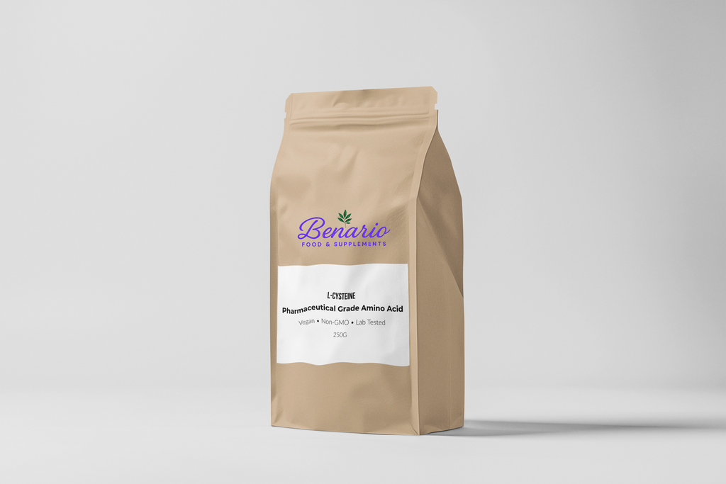 Benario L-Cysteine powder, pharma-grade, 250 g stand-up pouch with white label