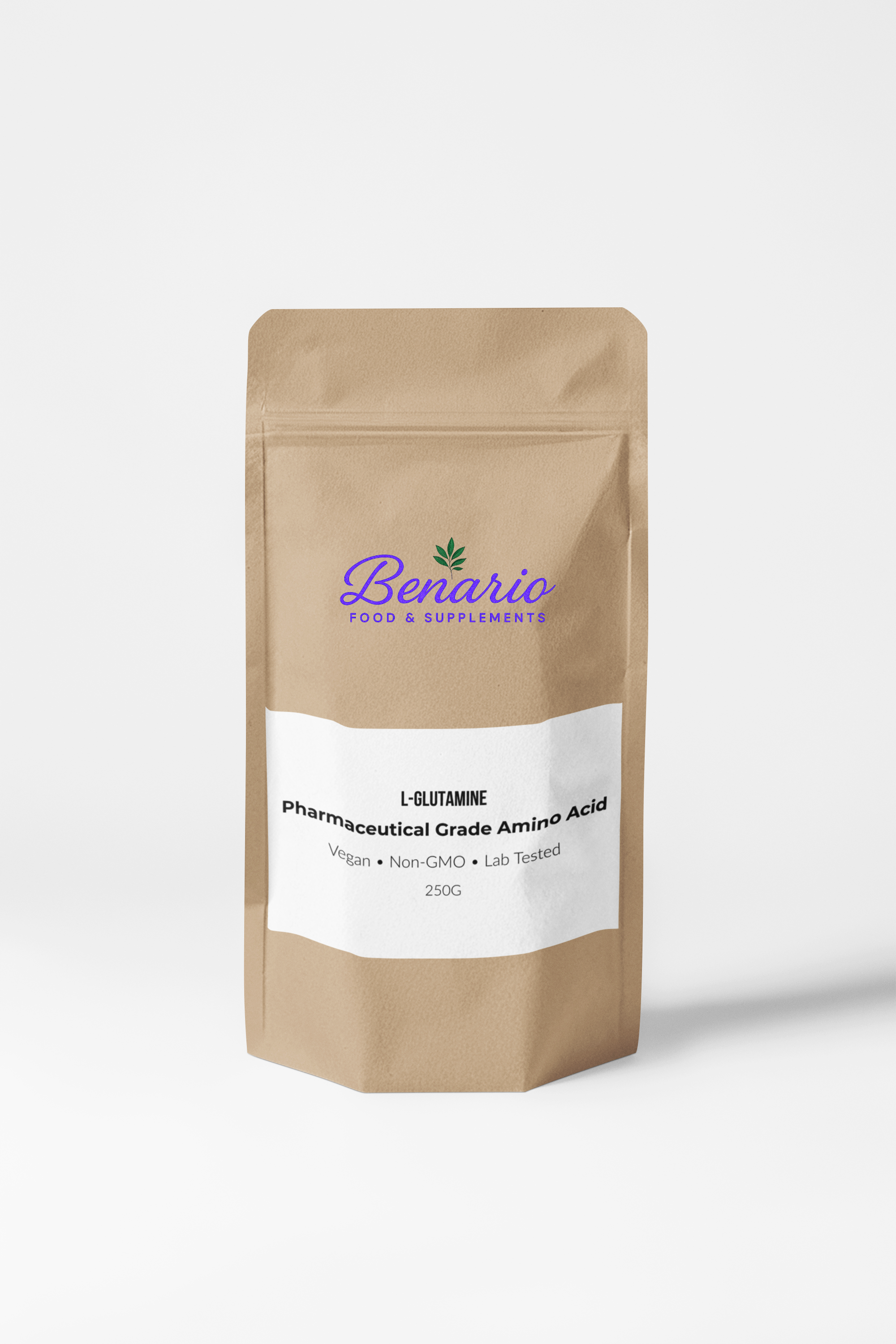 Benario L-Glutamine powder, pharma-grade, 250 g stand-up pouch with white label