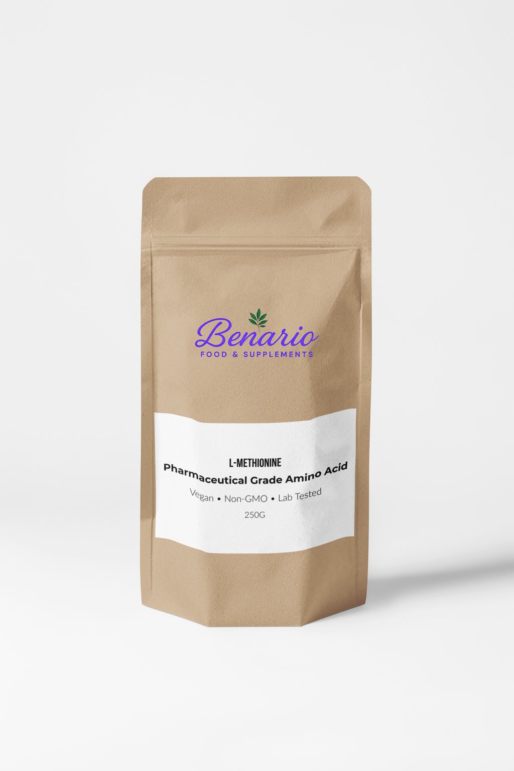 Benario L-Methionine powder, pharma-grade, 250 g stand-up pouch with white label
