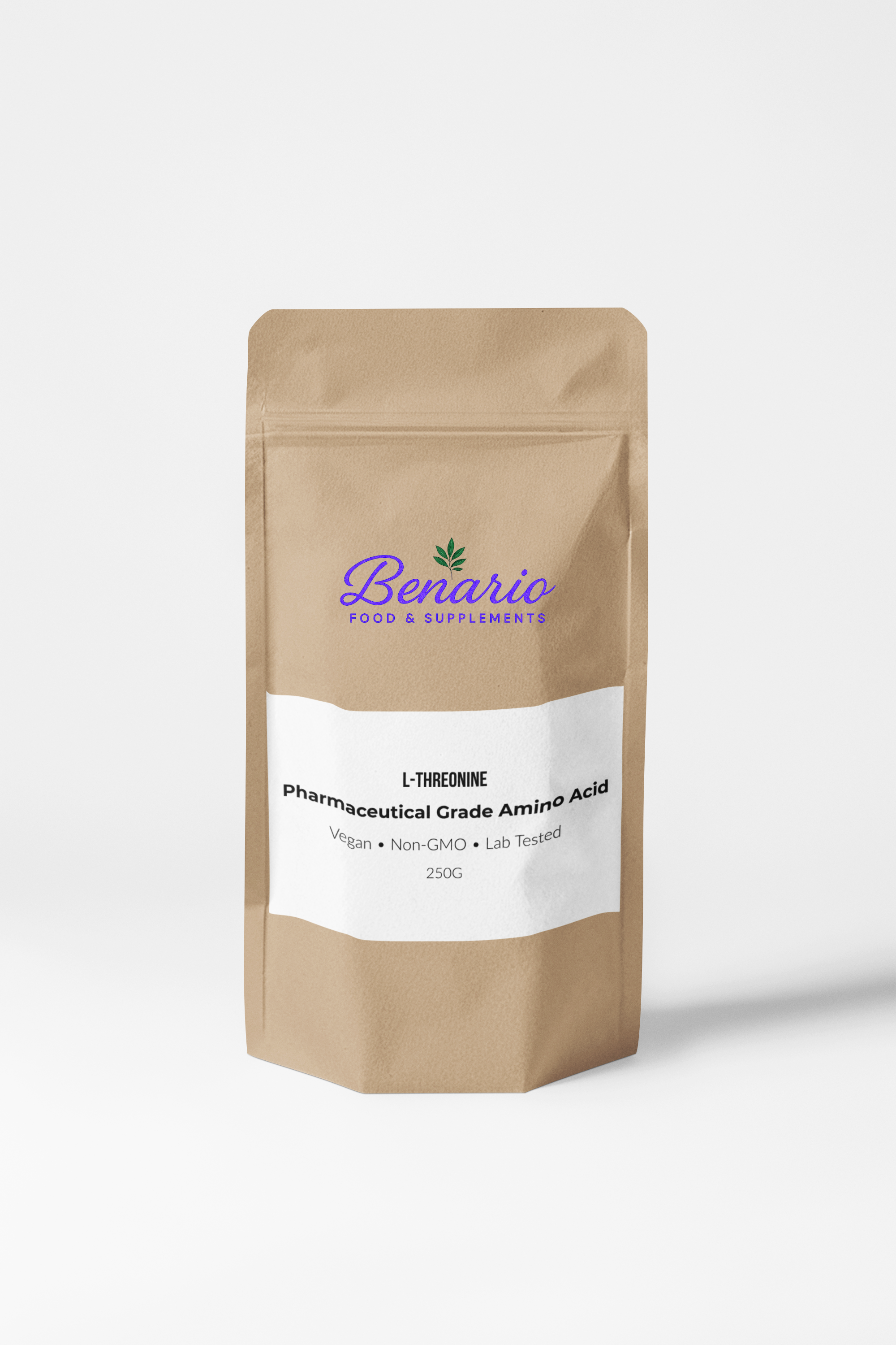 Benario L-Threonine powder, pharma-grade, 250 g stand-up pouch with white label