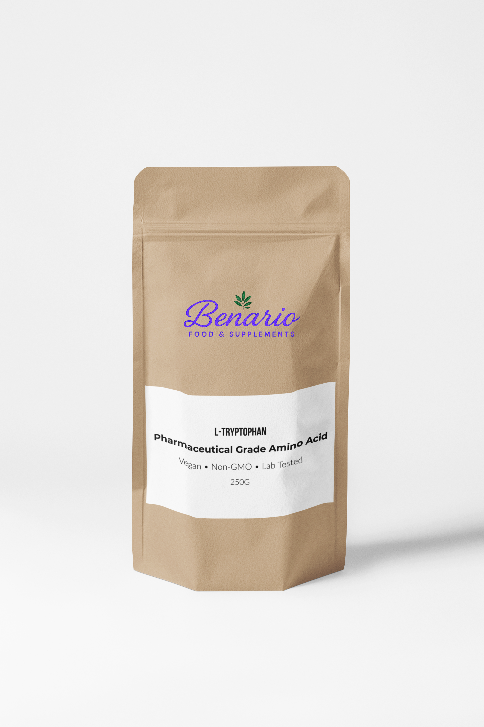 Benario L-Tryptophan powder, pharma-grade, 250 g stand-up pouch with white label