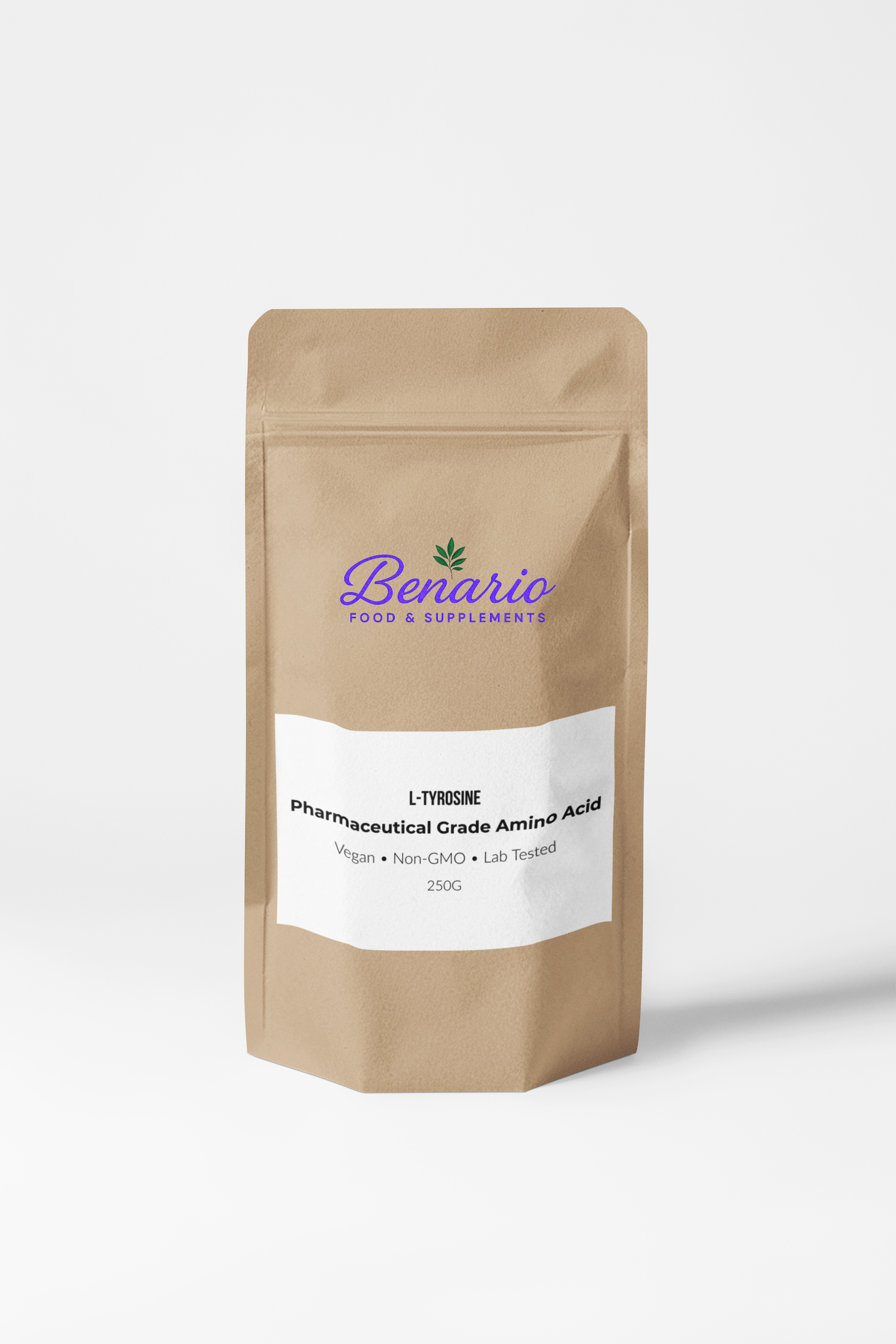 Benario L-Tyrosine powder, pharma-grade, 250 g stand-up pouch with white label